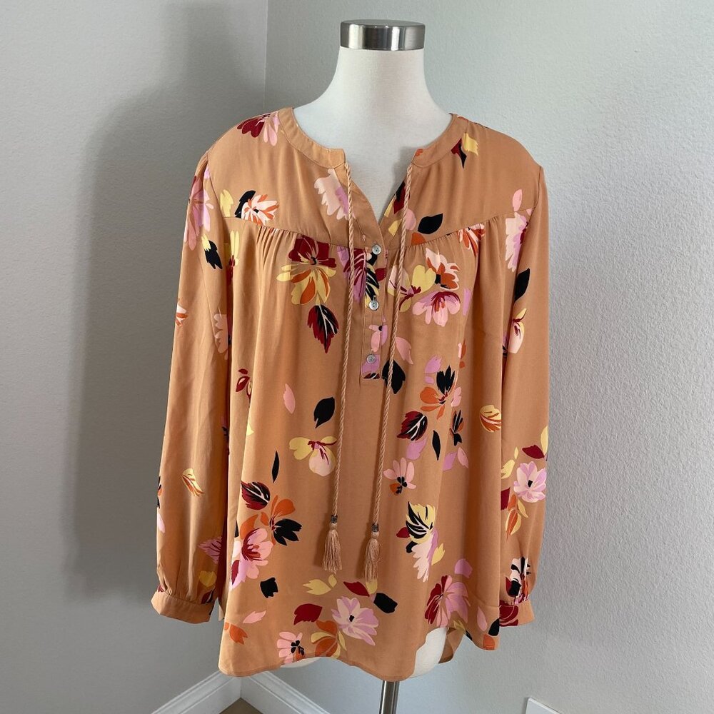 DR2 Womens Plus XXL Floral Blouse Peach Long Sleeve‎ Tunic Top Tassel Tie Neck